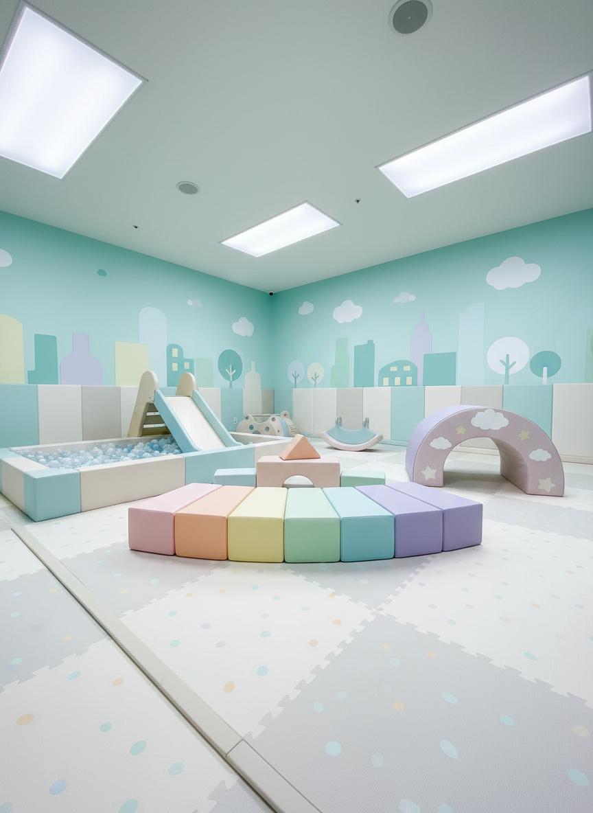A dedicated toddler corner within the indoor playground, featuring low, cushioned foam blocks in pastel rainbow tones, a tiny, padded slide, and a soft arch tunnel decorated with simple, graphic cloud and star illustrations. The safety mat flooring is extra thick with a subtle, playful pattern of dots and lines. Surrounding walls are painted a calm, light teal with large, friendly city skyline silhouettes. Gentle, diffused light from overhead panels creates a soft, shadow-free environment, ideal for little explorers. Photographed from a slightly elevated corner, the entire space is visible, with a clear foreground focus and gradual softening towards the back. The mood is nurturing, calm, and playful, with clean photographic realism showcasing safety, comfort, and imaginative indoor play for the youngest visitors.