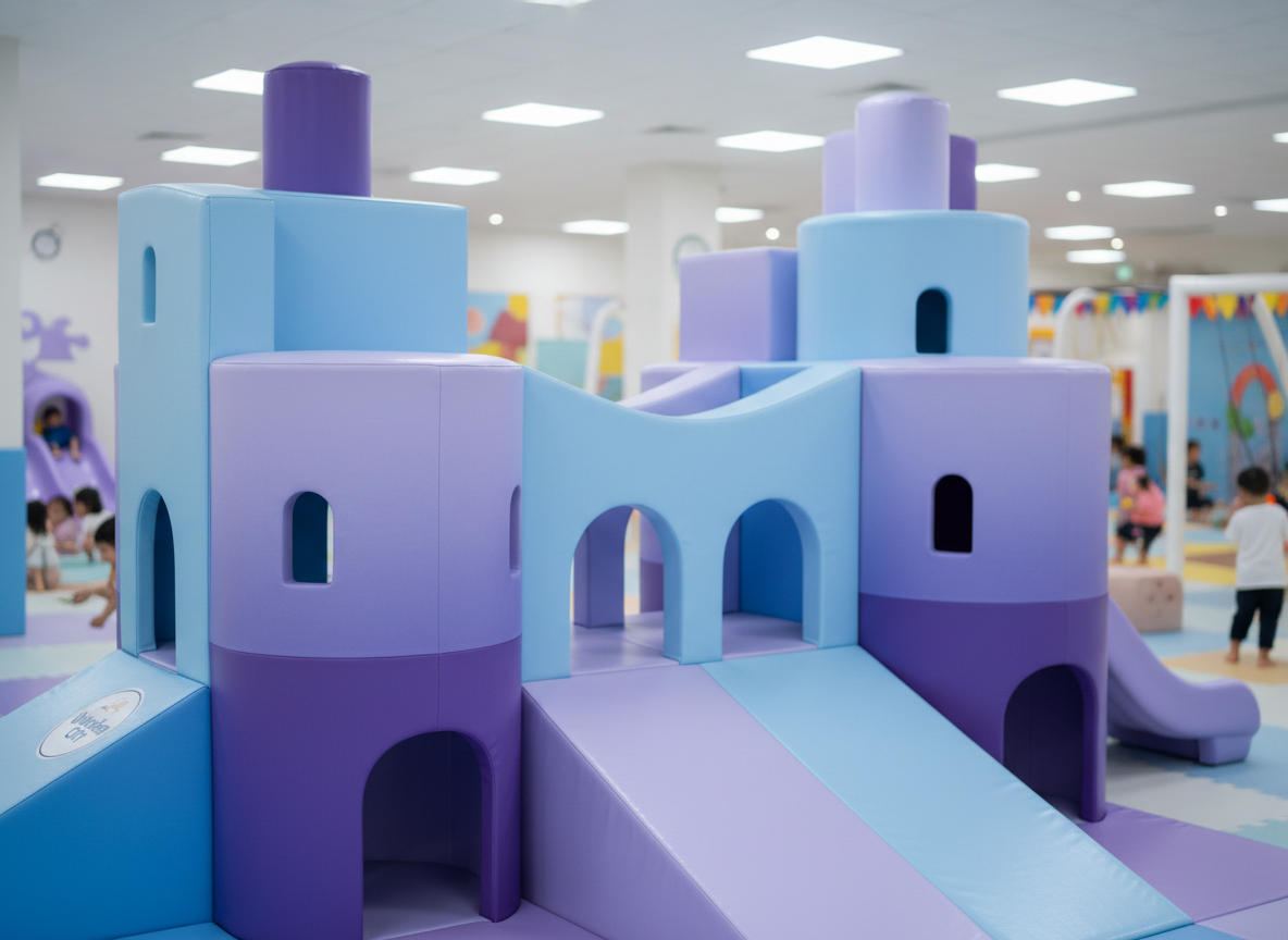 A close-up, detailed view of a whimsical climbing structure shaped like a friendly, abstract cityscape, with rounded foam towers in gradient blues and purples, connected by padded bridges and gentle ramps. The surfaces are covered in wipeable, textured vinyl that subtly reflects the ambient light. Small, embedded windows and arches invite crawling and peeking. The background softly blurs into hints of other play areas using shallow depth of field. Soft, even overhead illumination reduces harsh shadows, creating a bright, inviting appearance. Captured at a child-height perspective to emphasize accessibility and scale, in crisp photographic realism. The mood is adventurous yet safe, highlighting the tactile materials, curved edges, and thoughtful design that encourage imaginative exploration in the Wonder City indoor playground.