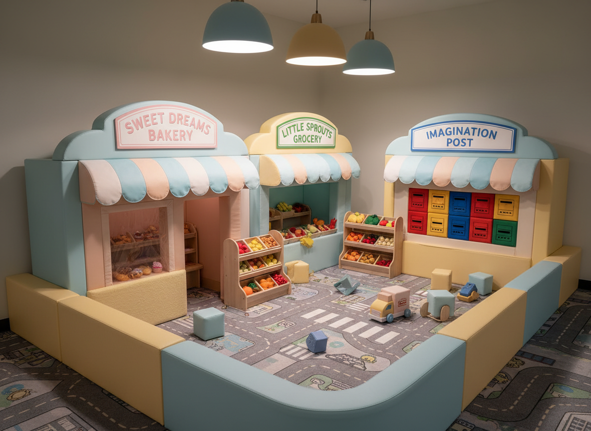 A cozy, self-contained imaginative play zone designed like a miniature city block, featuring detailed storefront facades: a tiny bakery with pastel awnings, a toy grocery with neatly arranged plastic produce, and a make-believe post office with colorful mailboxes. All structures are made from soft-edged, padded materials in bright but harmonious colors. The play area is framed by low, cushioned walls and a soft, patterned carpet that mimics winding city streets. Overhead, warm LED pendant lights cast a gentle, even light with soft shadows under play furniture. Photographed from a slightly elevated angle, the composition uses the rule of thirds to guide the eye along the “street.” The atmosphere is playful and imaginative, with clean, photographic realism emphasizing safe, detailed environments for creative indoor play.