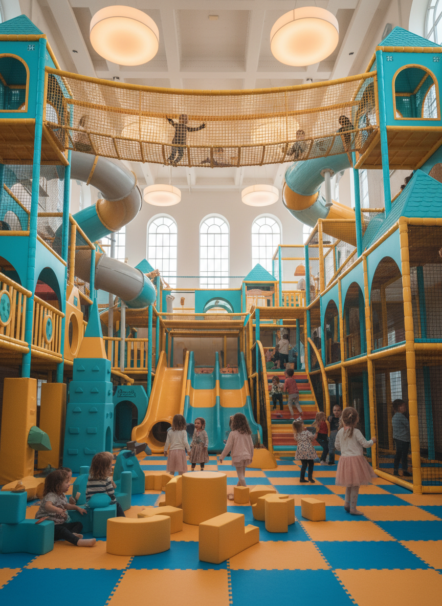 A wide, panoramic view of a vibrant indoor playground called “Wonder City,” filled with towering multi-level play structures in bright turquoise, sunshine yellow, and coral. Curved slides twist gently between padded platforms, soft foam climbing blocks resemble miniature buildings, and an overhead net tunnel stretches across the space like a whimsical sky bridge. The floor is cushioned with patterned safety mats in playful geometric shapes. Warm, diffused overhead lighting combined with soft daylight from high windows creates a cheerful glow, with gentle shadows adding depth. Shot at eye level with sharp focus throughout, capturing the full expanse of the playground. The mood is energetic and welcoming, emphasizing safe, imaginative play in a clean, modern, photographic realism style.