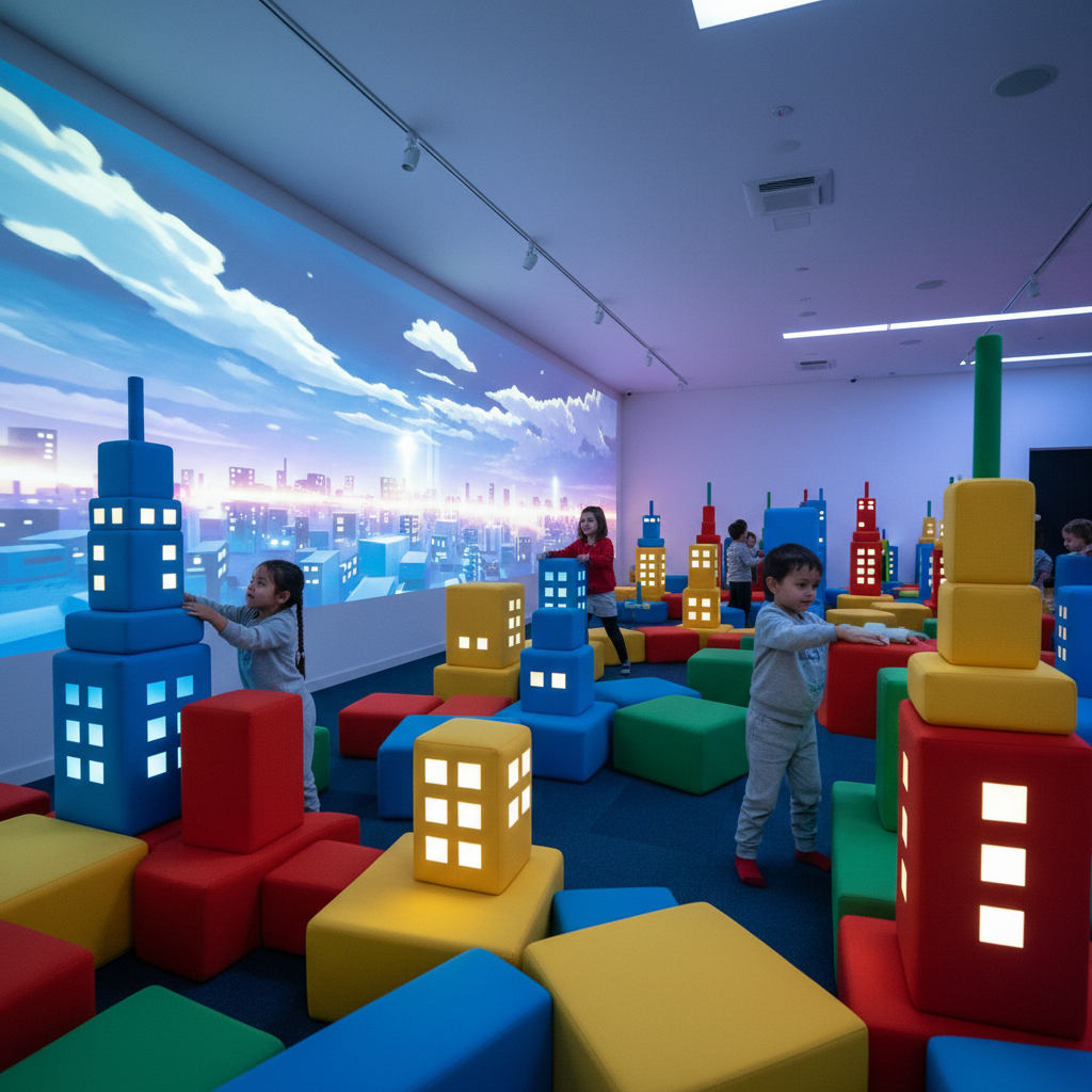 A futuristic “imagination lab” playroom within Wonder City, featuring modular foam pods shaped like mini buildings that can be rearranged to create custom skylines. Each pod is covered in smooth, brightly colored fabric with subtle texture, some with built-in lights that glow softly from within. A digital projection on one wall shows animated clouds drifting above a stylized city, adding motion and wonder. The room is bathed in soft, cool-toned LED lighting, accentuated by focused spotlights on the modular structures, creating gentle highlights and shadows. Shot from a low, cinematic angle, the composition emphasizes depth as the pods recede into the background. The atmosphere is imaginative and slightly futuristic, with vibrant, photographic realism highlighting creativity and open-ended play in a modern indoor playground.
