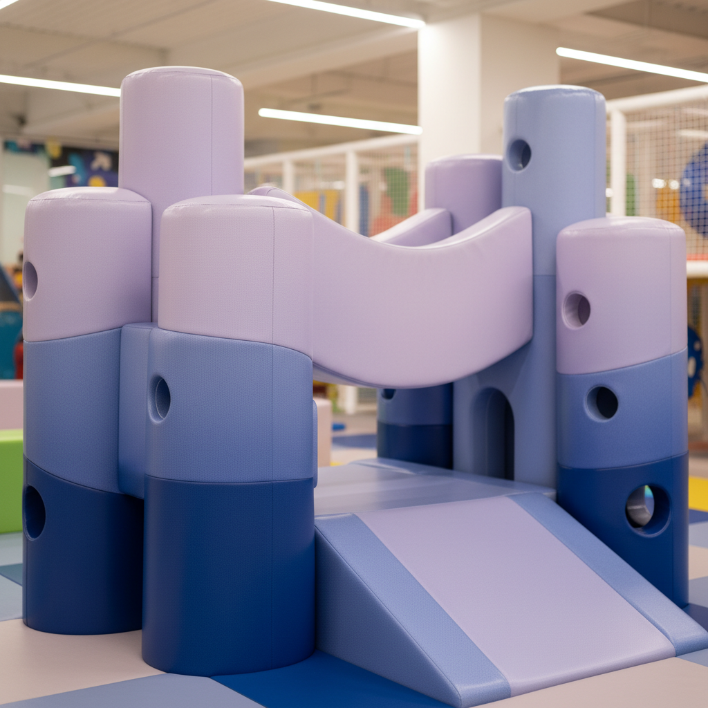 A close-up, detailed view of a whimsical climbing structure shaped like a friendly, abstract cityscape, with rounded foam towers in gradient blues and purples, connected by padded bridges and gentle ramps. The surfaces are covered in wipeable, textured vinyl that subtly reflects the ambient light. Small, embedded windows and arches invite crawling and peeking. The background softly blurs into hints of other play areas using shallow depth of field. Soft, even overhead illumination reduces harsh shadows, creating a bright, inviting appearance. Captured at a child-height perspective to emphasize accessibility and scale, in crisp photographic realism. The mood is adventurous yet safe, highlighting the tactile materials, curved edges, and thoughtful design that encourage imaginative exploration in the Wonder City indoor playground.