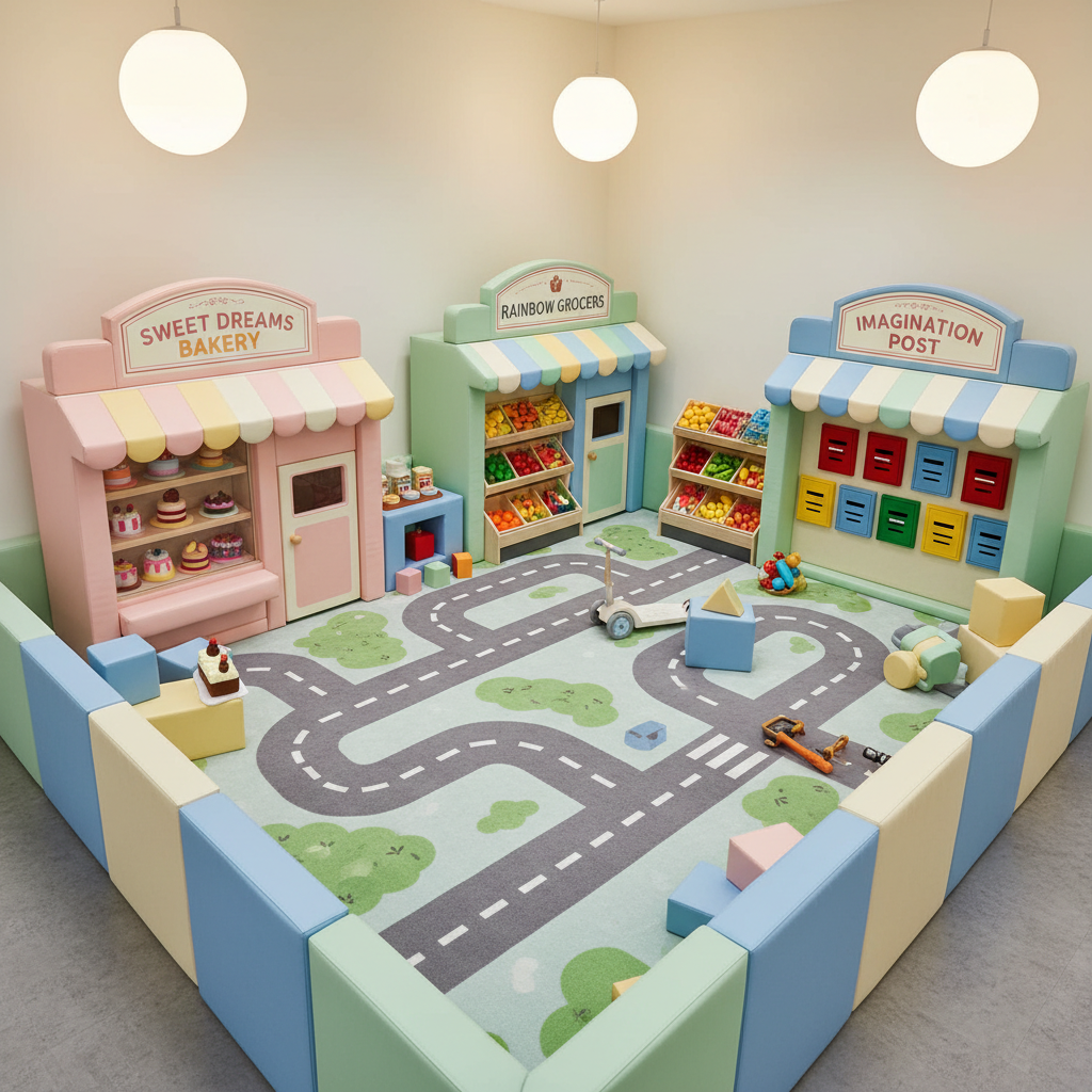 A cozy, self-contained imaginative play zone designed like a miniature city block, featuring detailed storefront facades: a tiny bakery with pastel awnings, a toy grocery with neatly arranged plastic produce, and a make-believe post office with colorful mailboxes. All structures are made from soft-edged, padded materials in bright but harmonious colors. The play area is framed by low, cushioned walls and a soft, patterned carpet that mimics winding city streets. Overhead, warm LED pendant lights cast a gentle, even light with soft shadows under play furniture. Photographed from a slightly elevated angle, the composition uses the rule of thirds to guide the eye along the “street.” The atmosphere is playful and imaginative, with clean, photographic realism emphasizing safe, detailed environments for creative indoor play.